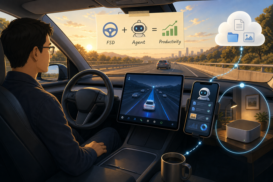 Supervised FSD commute with a phone connected to a remote AI agent on a Mac mini
